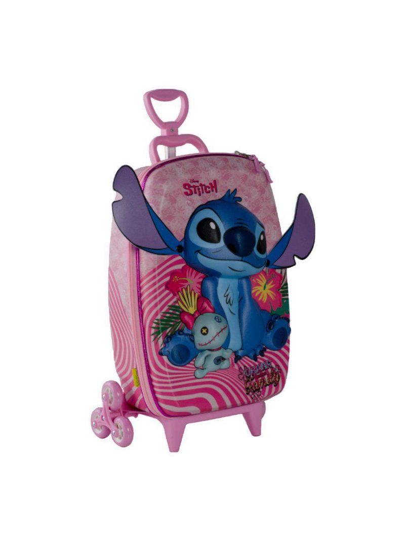 Mala Infantil 3+ Pré Escola Creche Menina Stitch 3d Com Rodinhas Cor Rosa