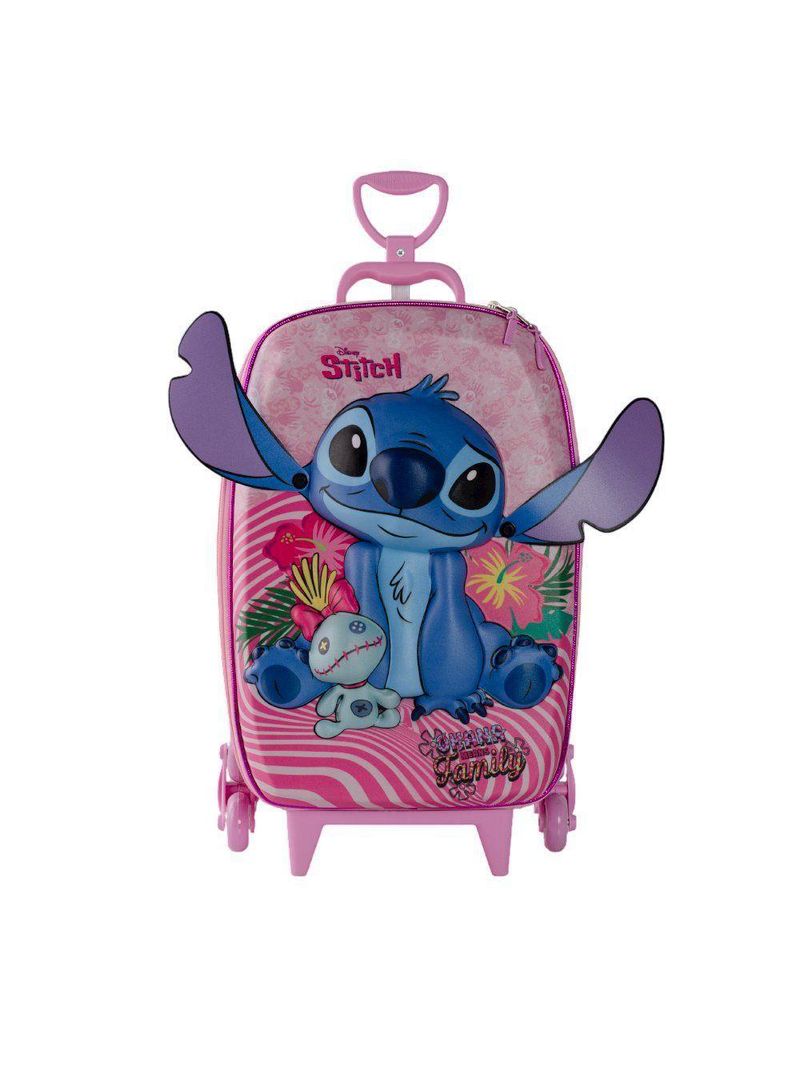 Mala Infantil 3+ Pré Escola Creche Menina Stitch 3d Com Rodinhas Cor Rosa