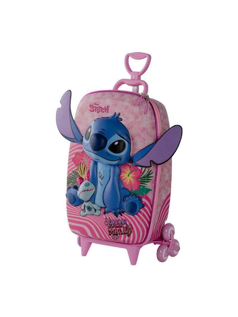 Mala Infantil 3+ Pré Escola Creche Menina Stitch 3d Com Rodinhas Cor Rosa