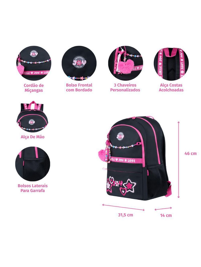 Mochila escolar feminina juvenil bg joy preta