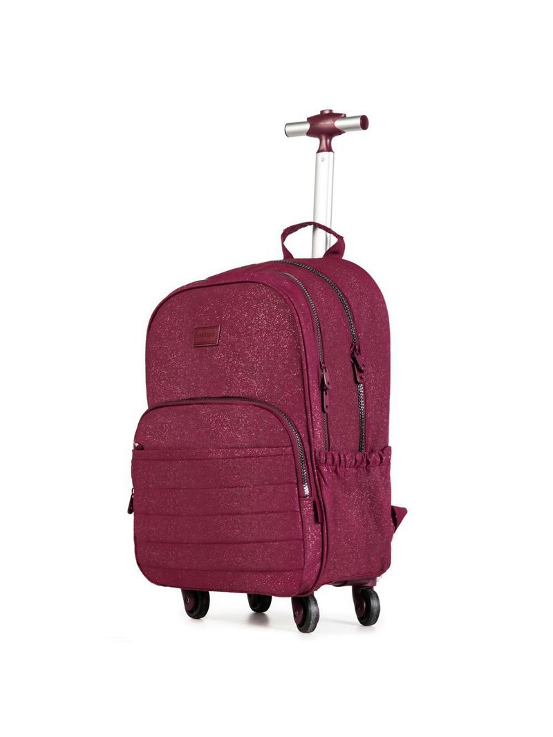 Mochila escolar juvenil com 4 rodinhas crinkle glitter vinho