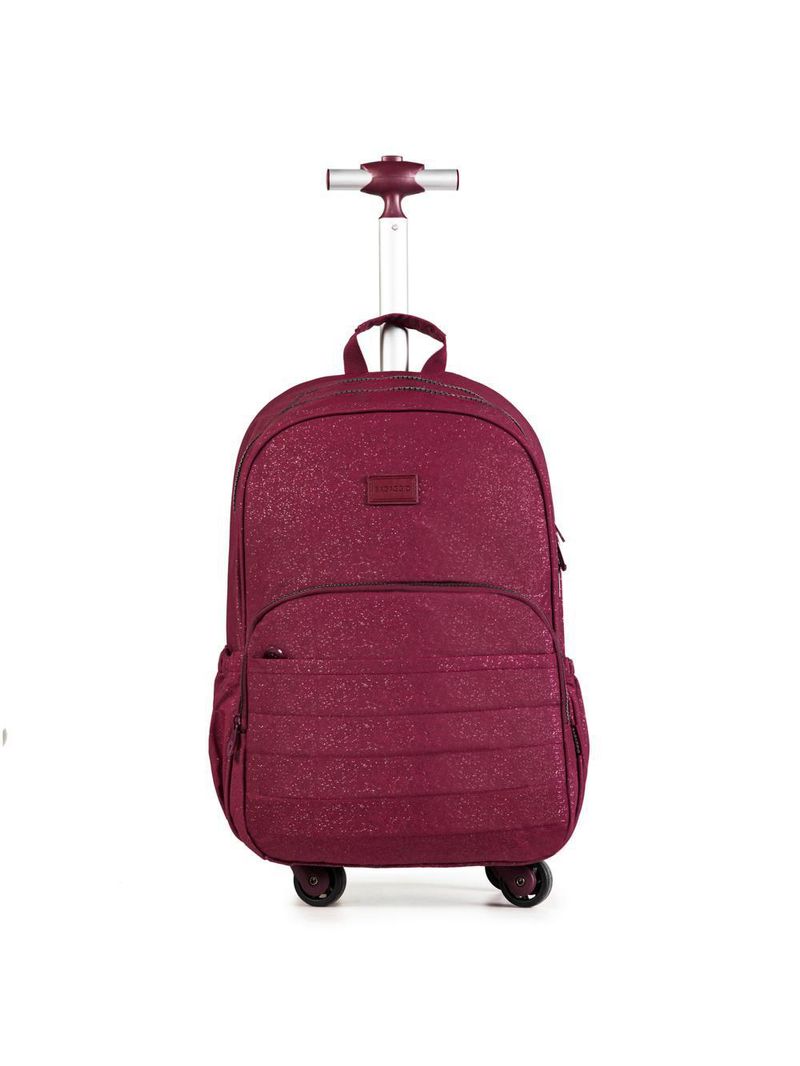 Mochila escolar juvenil com 4 rodinhas crinkle glitter vinho