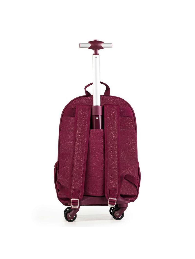 Mochila escolar juvenil com 4 rodinhas crinkle glitter vinho