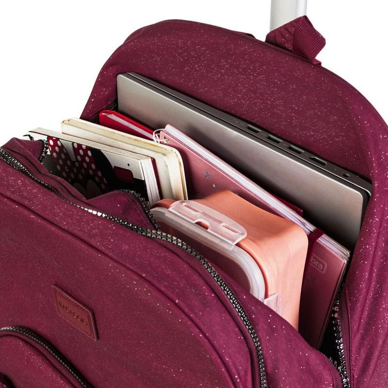 Mochila escolar juvenil com 4 rodinhas crinkle glitter vinho