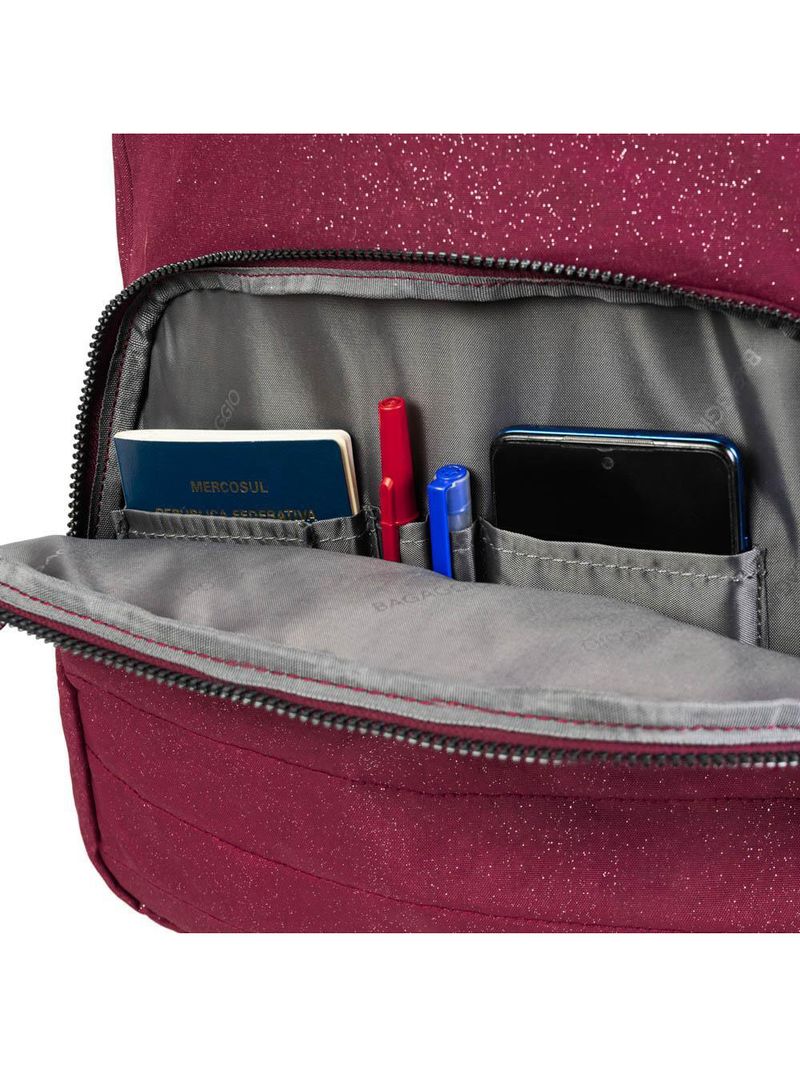 Mochila escolar juvenil com 4 rodinhas crinkle glitter vinho