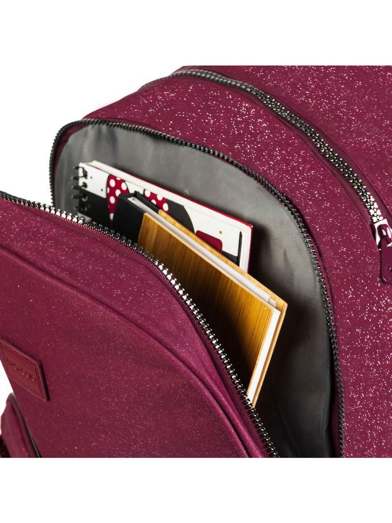 Mochila escolar juvenil com 4 rodinhas crinkle glitter vinho