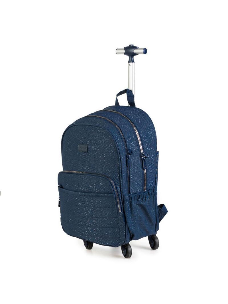 Mochila escolar juvenil feminina com 4 rodinhas crinkle glitter azul escuro