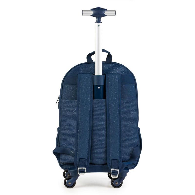 Mochila escolar juvenil feminina com 4 rodinhas crinkle glitter azul escuro