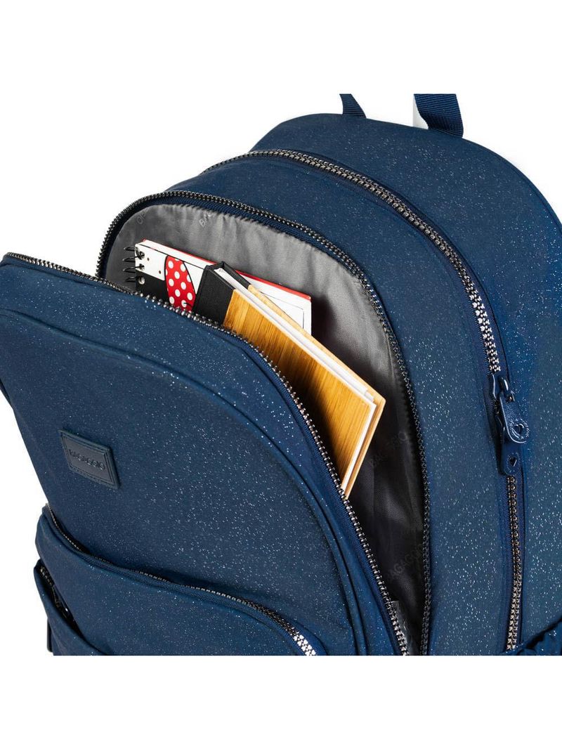 Mochila escolar juvenil feminina com 4 rodinhas crinkle glitter azul escuro