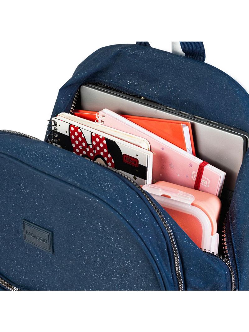 Mochila escolar juvenil feminina com 4 rodinhas crinkle glitter azul escuro