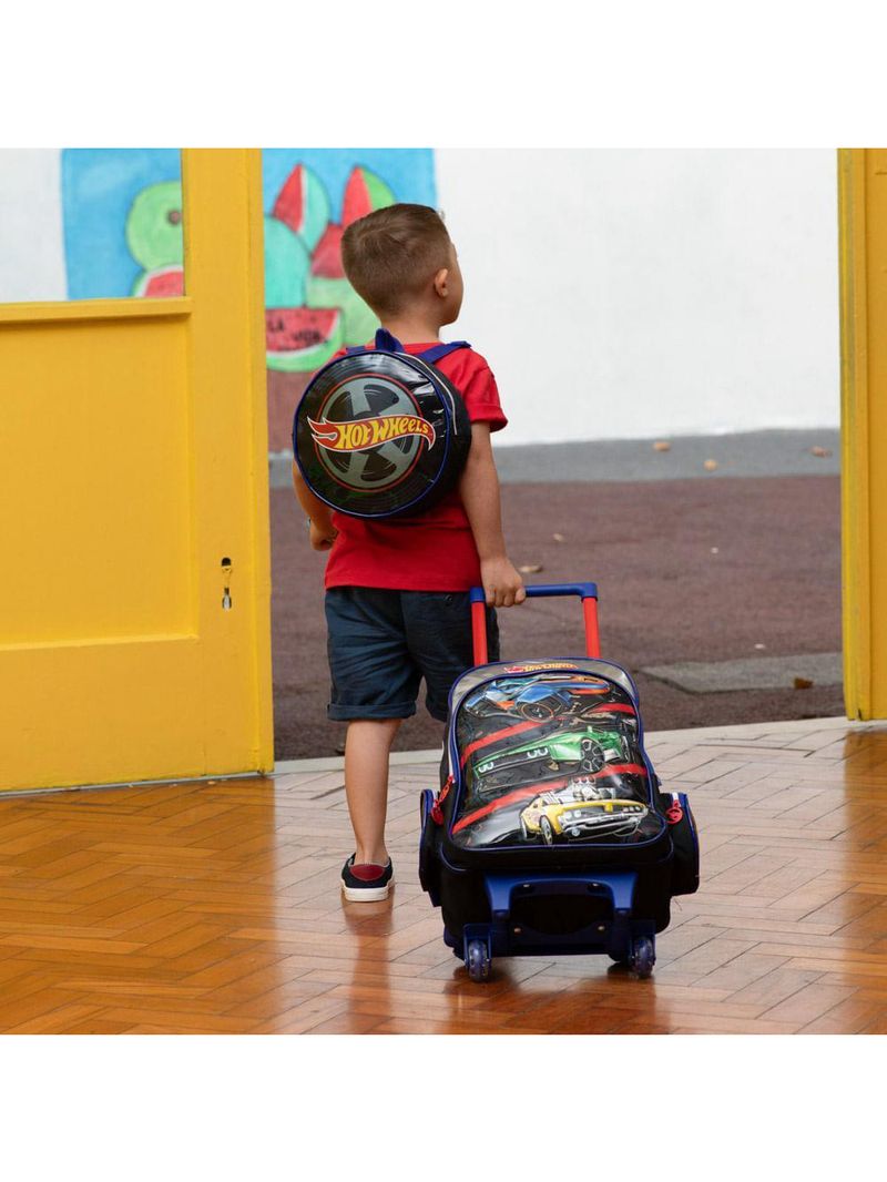 Mochila escolar infantil rodinhas hot wheels preta
