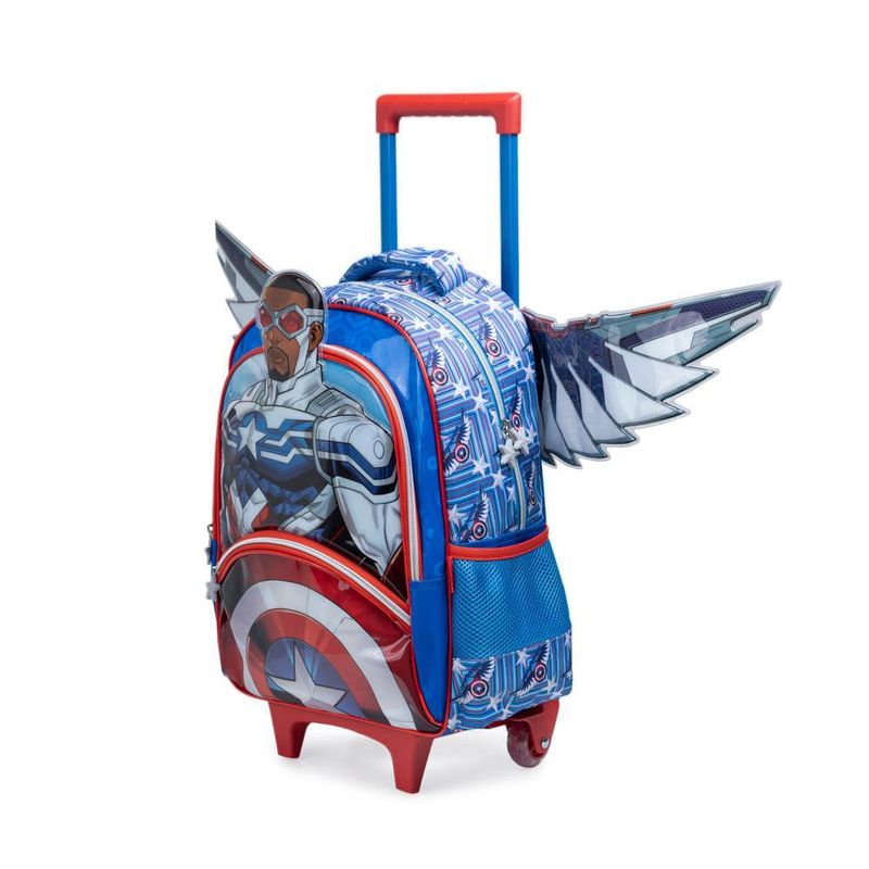Mochila de rodinha infantil masculina capitão américa com asas removíveis