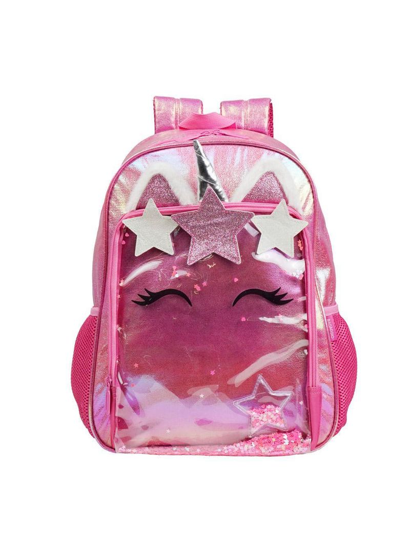 Mochila escolar feminina unicórnio confetti rosa