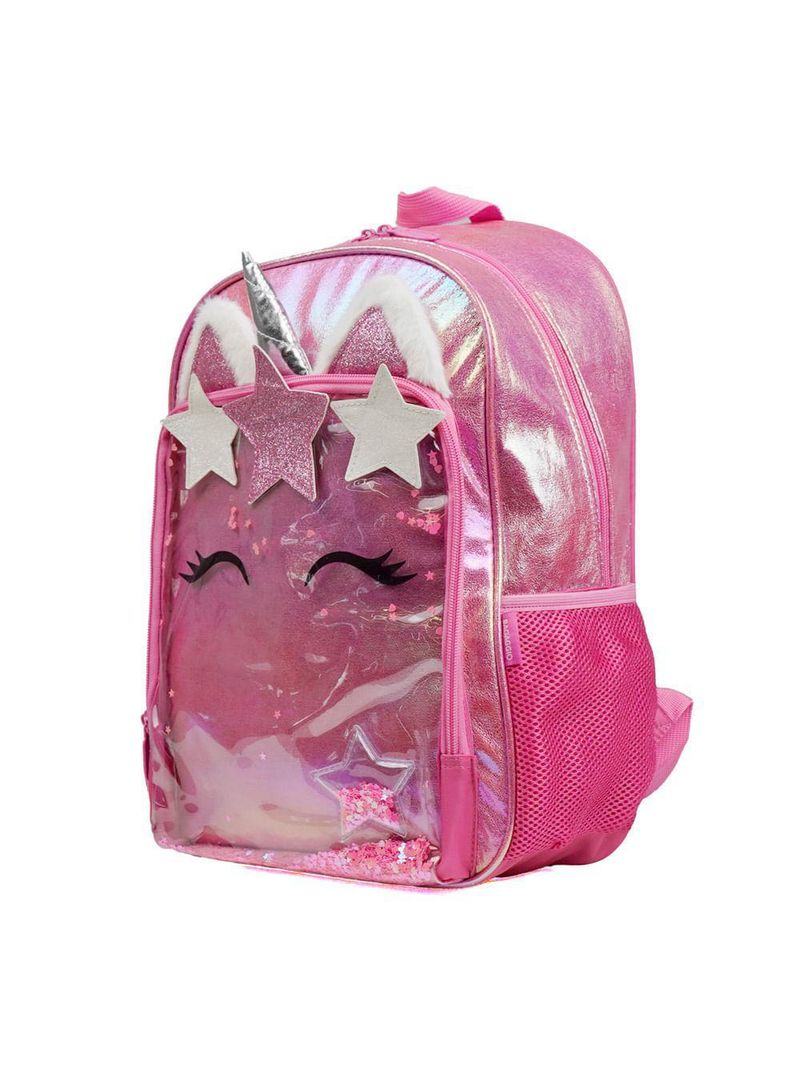 Mochila escolar feminina unicórnio confetti rosa