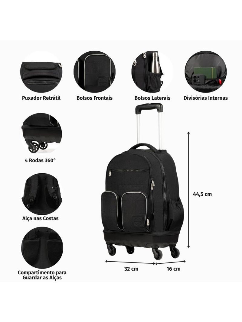 Mochila de rodinha juvenil masculina color block 4 rodas preta