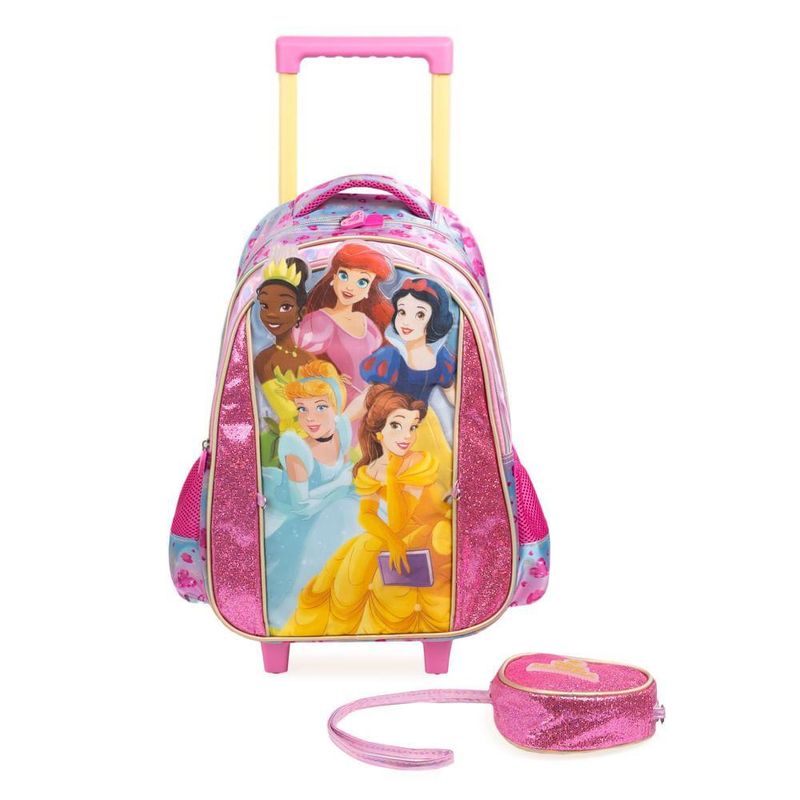 Mochila de rodinha infantil feminina princesas rosa