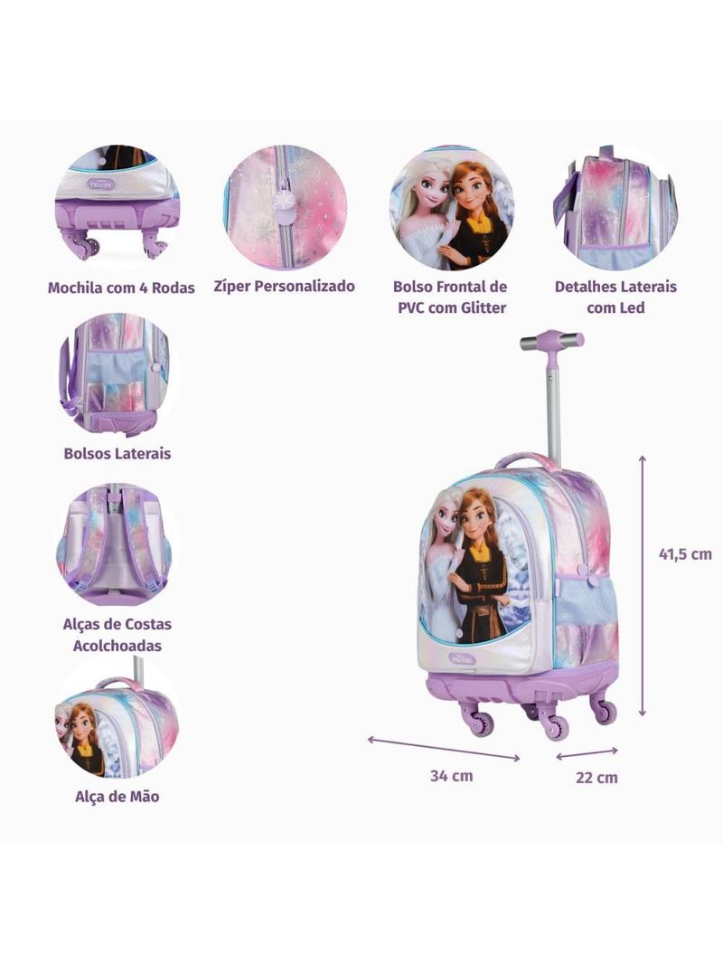 Mochila com 4 rodinhas infantil feminina frozen azul claro