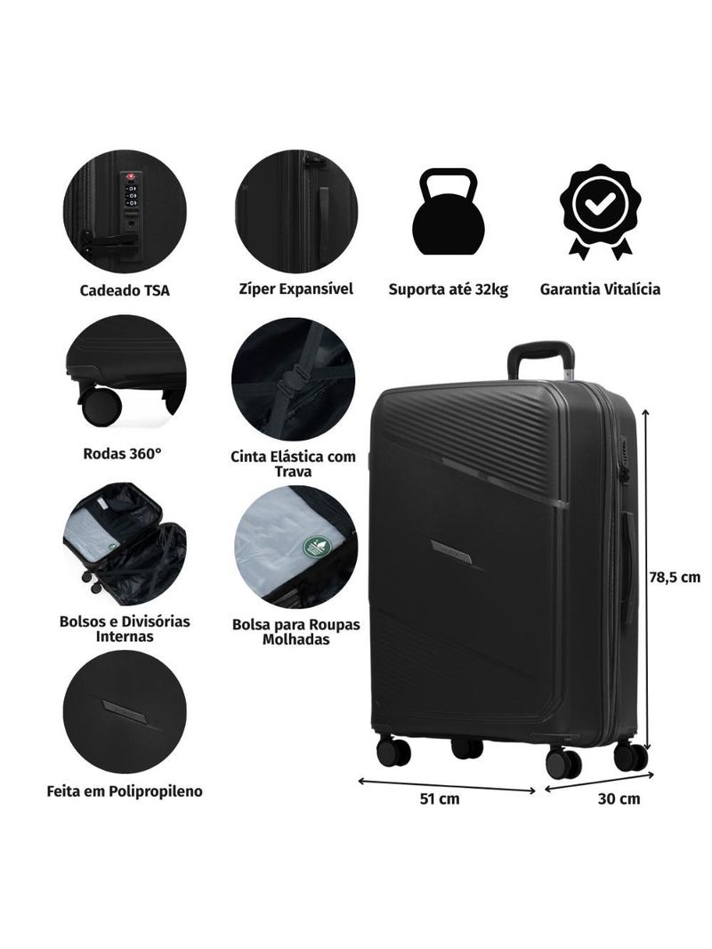Mala de viagem grande 32 kg polipropileno 4 rodas seul preta