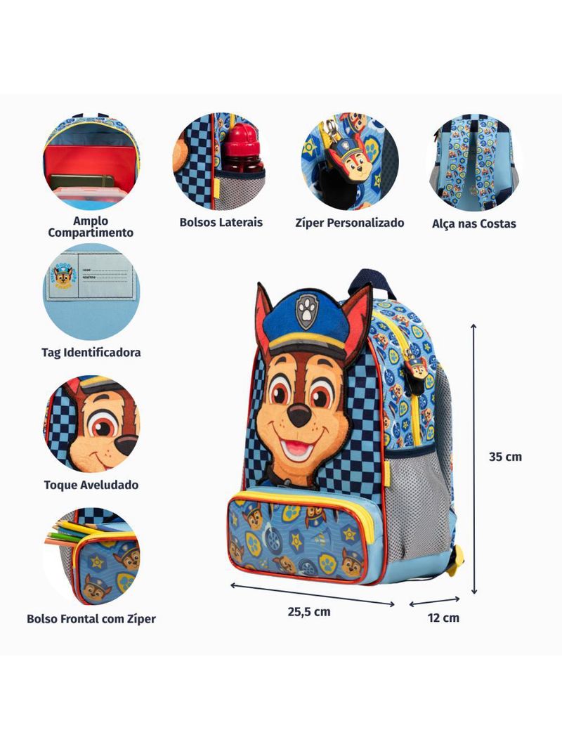 Mochila escolar masculina infantil patrulha canina chase azul