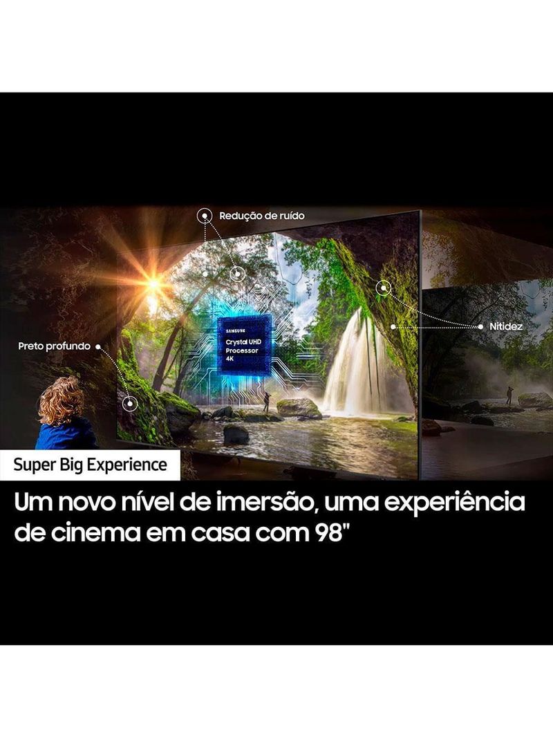 Smart tv 98" samsung crystal uhd 4k un98du9000 com wi-fi integrado, bluetooth, gaming hub, alexa e som em movimento virtual