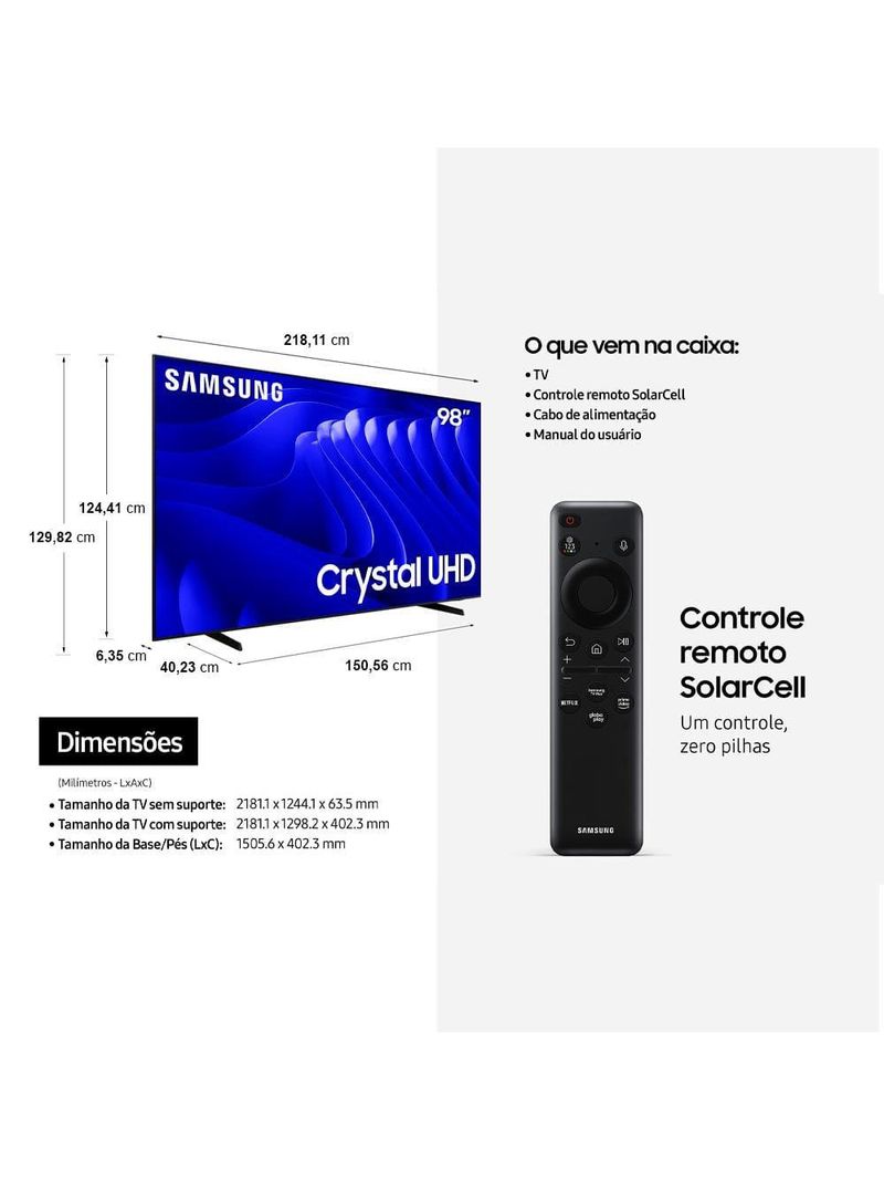 Smart tv 98" samsung crystal uhd 4k un98du9000 com wi-fi integrado, bluetooth, gaming hub, alexa e som em movimento virtual