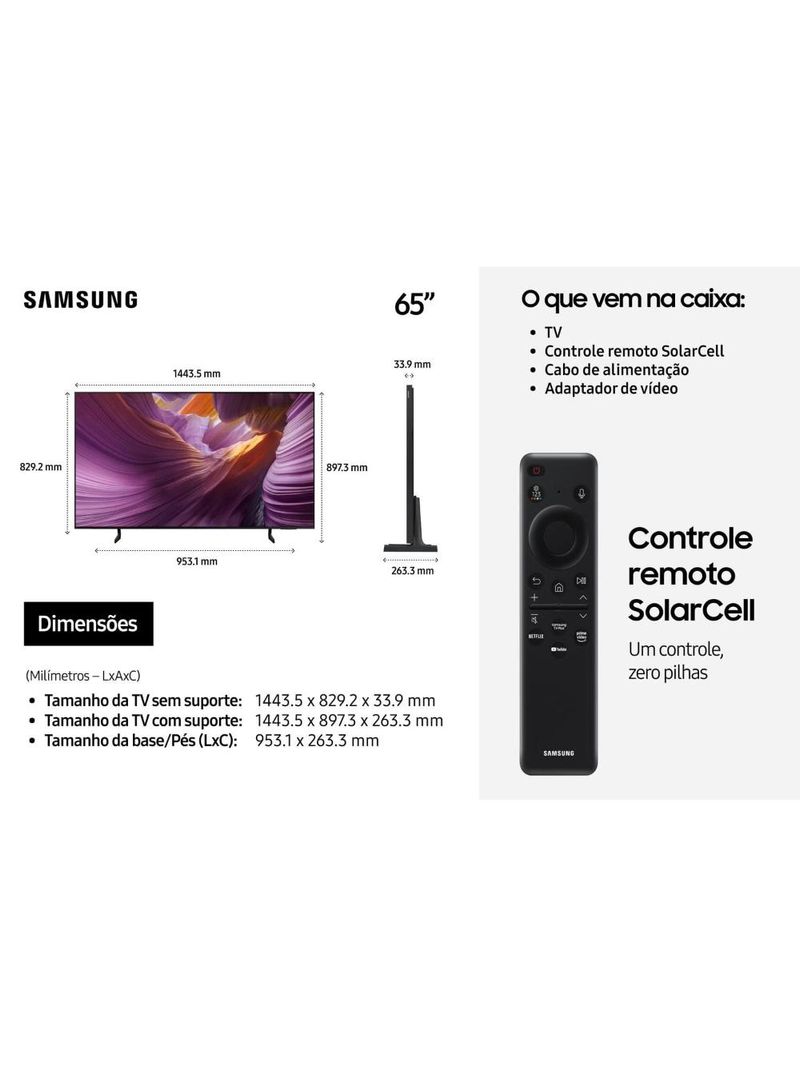 Smart tv 65” 4k samsung oled qn65s85fagxzd vision ai 120hz dolby atmos processador nq4 ai gen2 preto grafite