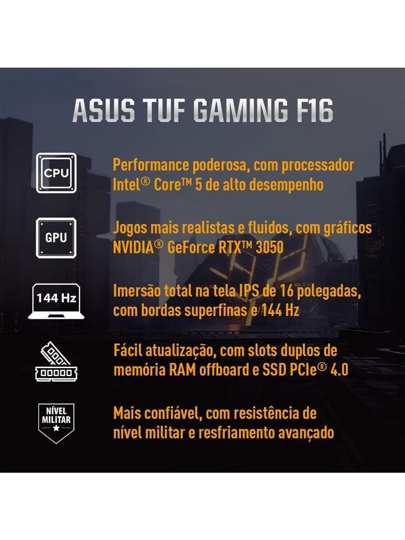 Notebook gamer 16” asus tuf gaming f16 fx607vj-rl002 intel core 5 210h 8gb ram 512gb ssd rtx 3050 mecha gray