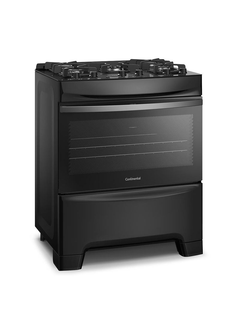 Fogão continental 5 bocas fc5gb preto mesa de vidro forno eco turbo tripla chama bivolt