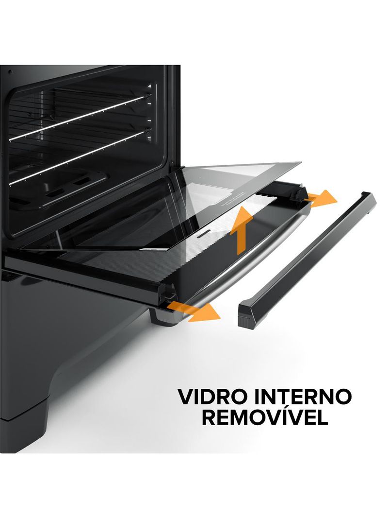 Fogão continental 5 bocas fc5gb preto mesa de vidro forno eco turbo tripla chama bivolt