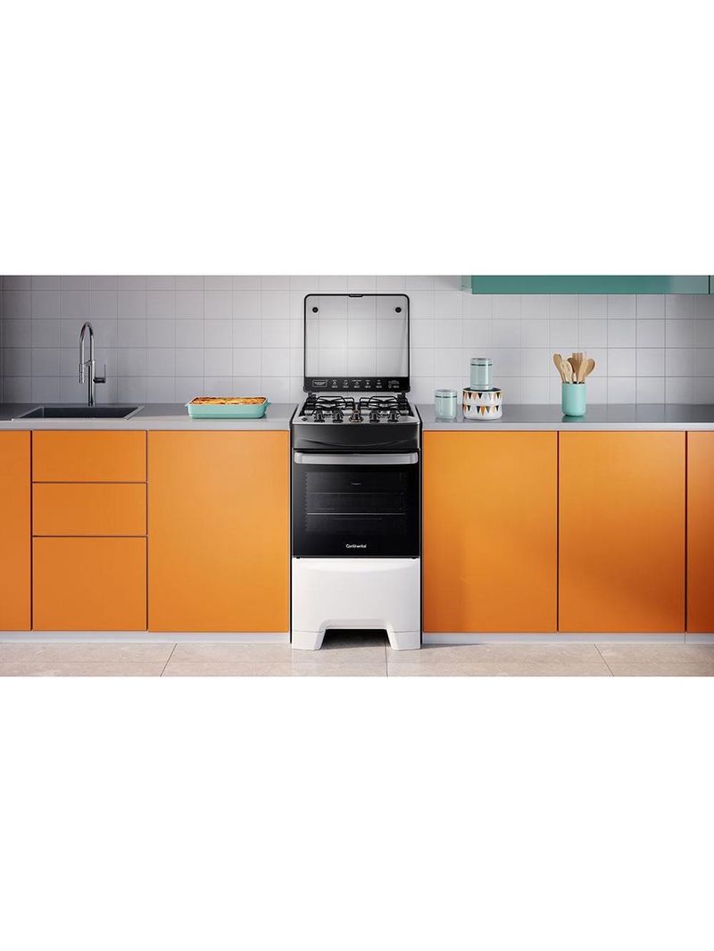 Fogão continental 4 bocas fc4ib com mesa de inox, tecnologia top limpa fácil e acendimento automático bivolt – branco