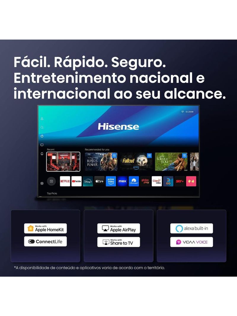 Smart tv 50” 4k hisense 50q6qv qled hdr10 dolby atmos vidaa u9 preto