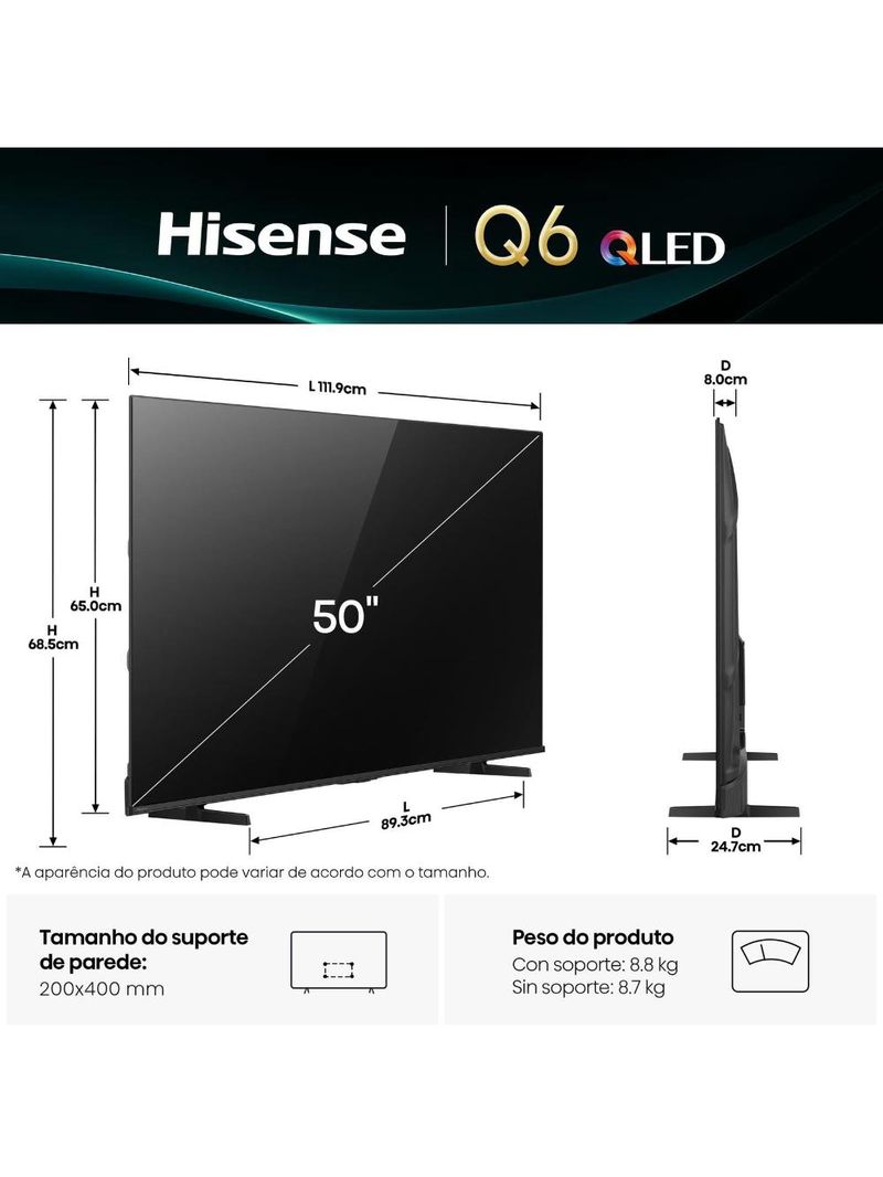 Smart tv 50” 4k hisense 50q6qv qled hdr10 dolby atmos vidaa u9 preto