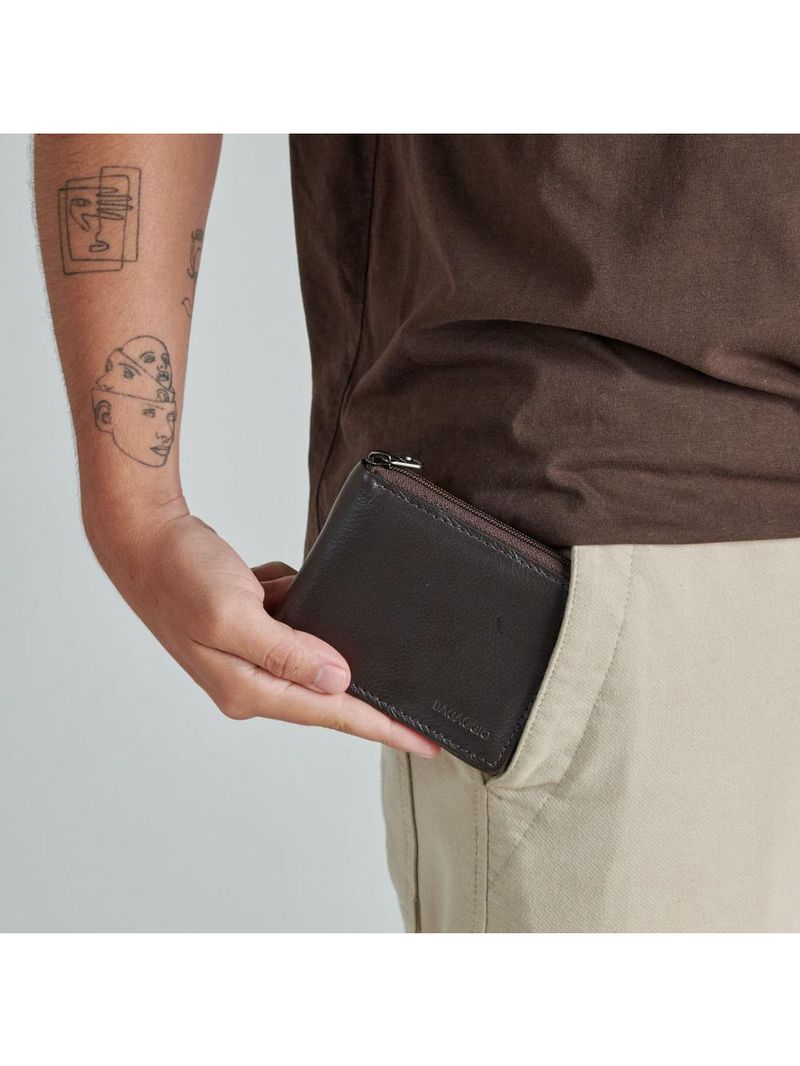 Carteira masculina de couro com zíper newton café