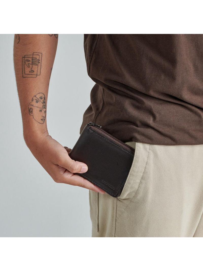 Carteira masculina de couro com zíper newton café