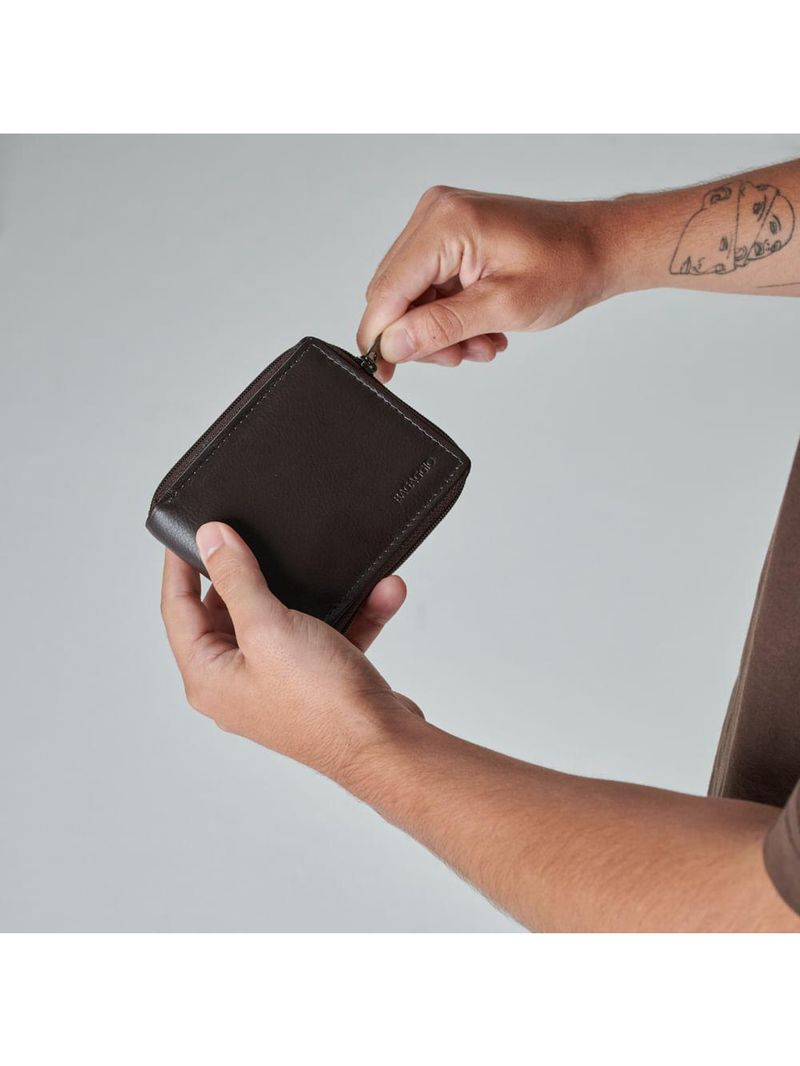 Carteira masculina de couro com zíper newton café