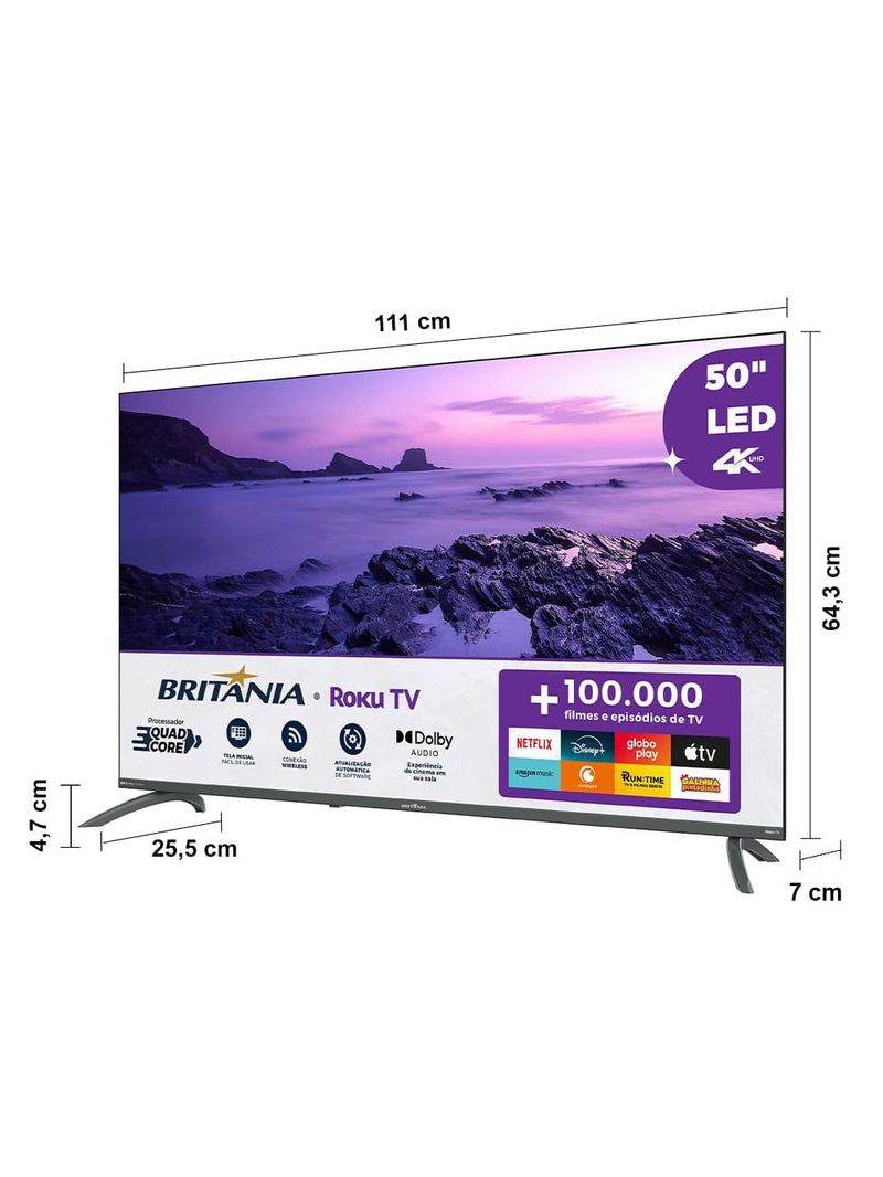 Smart tv 50" britânia ultra hd led btv50va4regb com sistema operacional roku tv, dolby audio, processador quad-core, entradas usb e hdmi