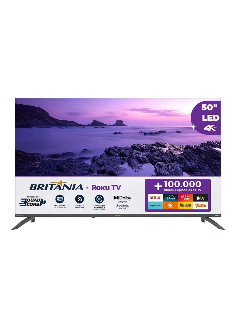 Smart tv 50" britânia ultra hd led btv50va4regb com sistema operacional roku tv, dolby audio, processador quad-core, entradas usb e hdmi