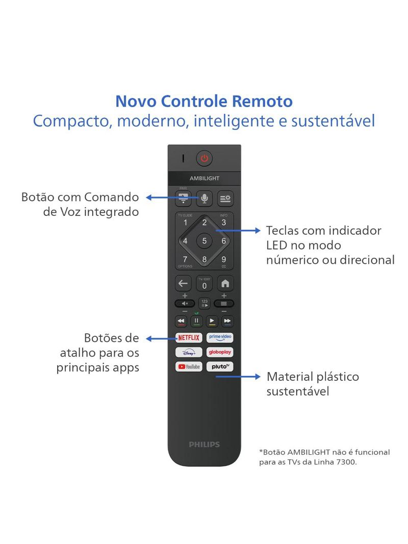 Smart tv 50" 4k philips 50pug7300/78 uhd titan os pixel precise comando de voz preta