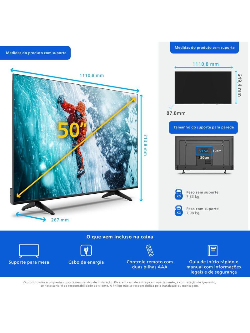 Smart tv 50" 4k philips 50pug7300/78 uhd titan os pixel precise comando de voz preta