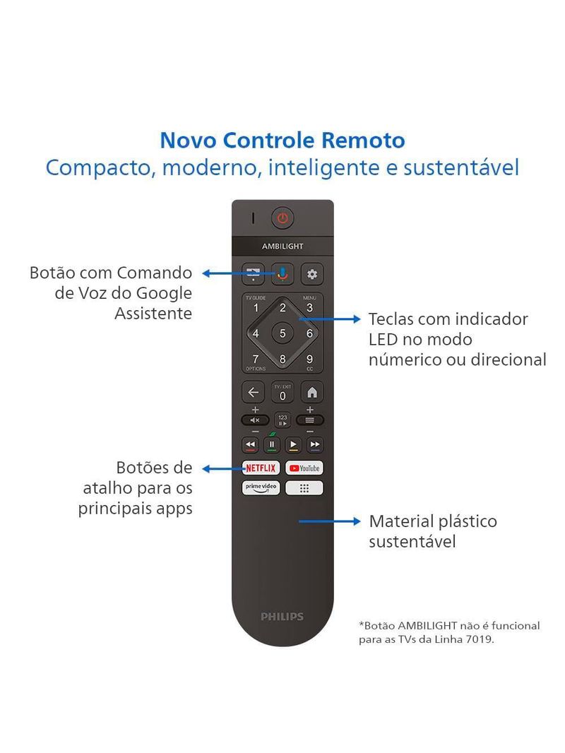 Smart tv led 50" ultra hd 4k philips 50pug7019 com google tv, comando de voz, wi-fi, entradas hdmi e usb