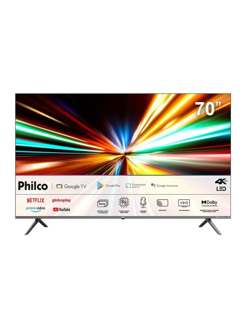 Smart tv led 70" ultra hd philco 4k ptv70g2sgsgb google tv com hdmi, usb, wi-fi, dolby atmos, dolby vision e chromecast integrado