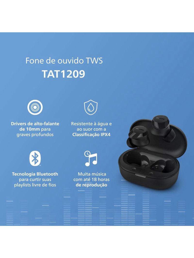 Fone de ouvido bluetooth philips tat1209bk/00 com microfone - preto