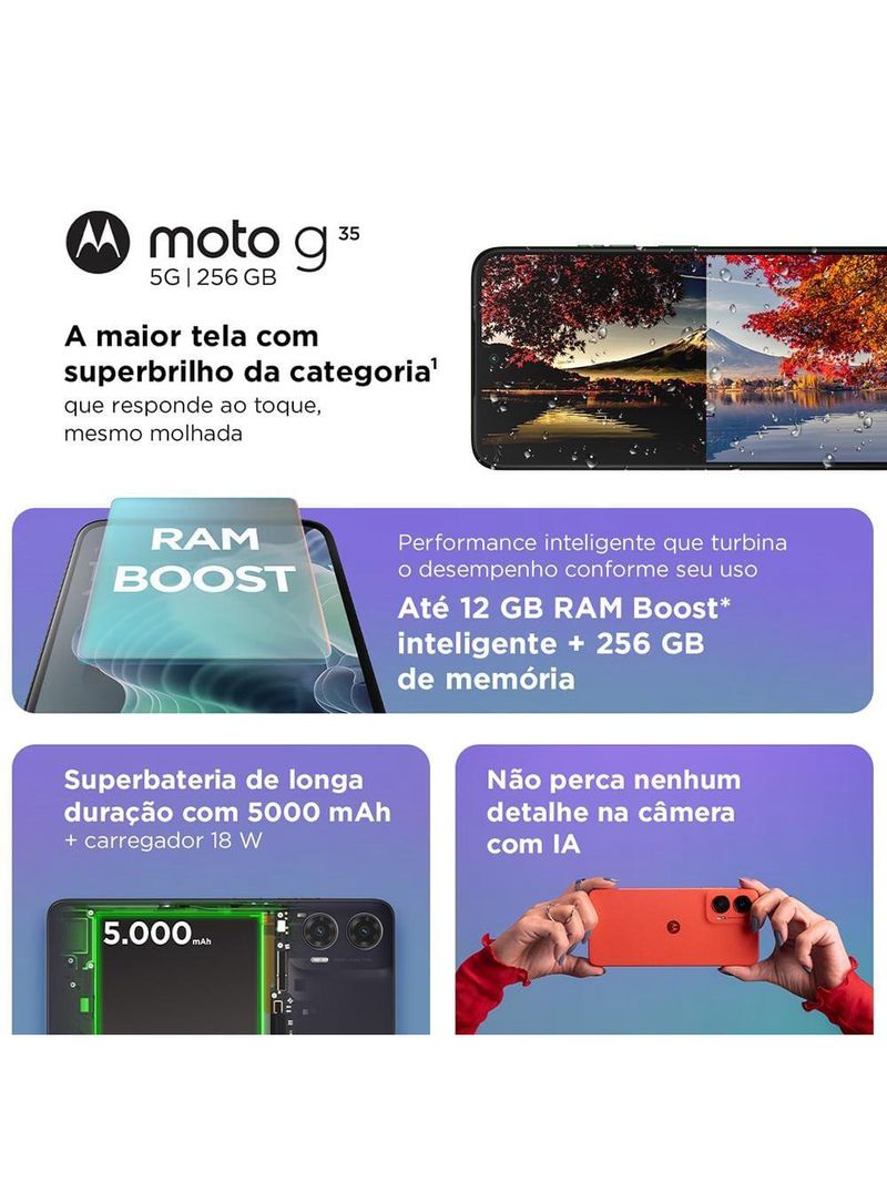 Smartphone motorola moto g35 5g coral 256gb 4gb ram + 8gb ram boost e camera 50mp com ai nfc tela 67" com superbrilho
