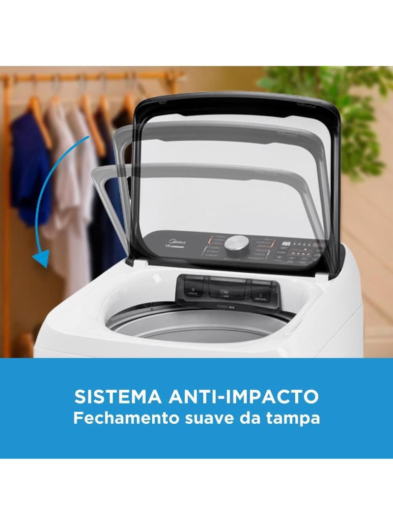 Lavadora de roupas midea wave agitator 15kg ma512w150a com timer digital, filtro de fiapos, função perfume+ e sistema power mix dispenser – branca