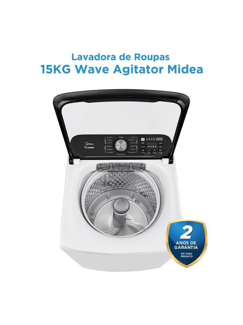 Lavadora de roupas midea wave agitator 15kg ma512w150a com timer digital, filtro de fiapos, função perfume+ e sistema power mix dispenser – branca