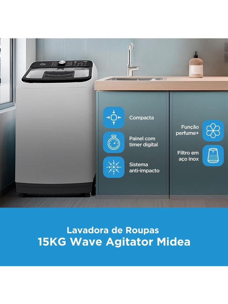 Lavadora de roupas midea wave agitator 15kg ma512w150a com timer digital, filtro de fiapos, função perfume+ e sistema power mix dispenser – branca