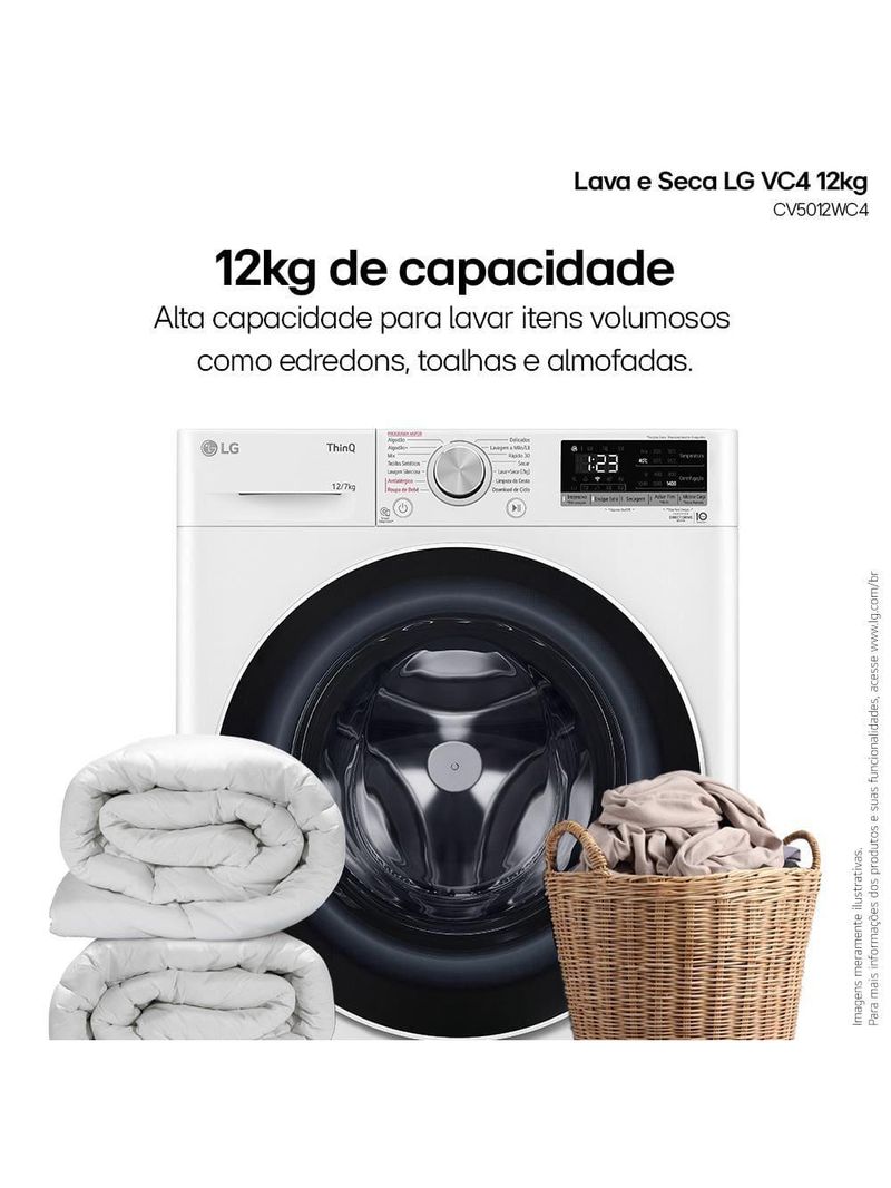 Lava e Seca LG 12kg/7kg Smart VC4 com Inteligência Artificial AI DD™ – CV5012WC4 | Branca