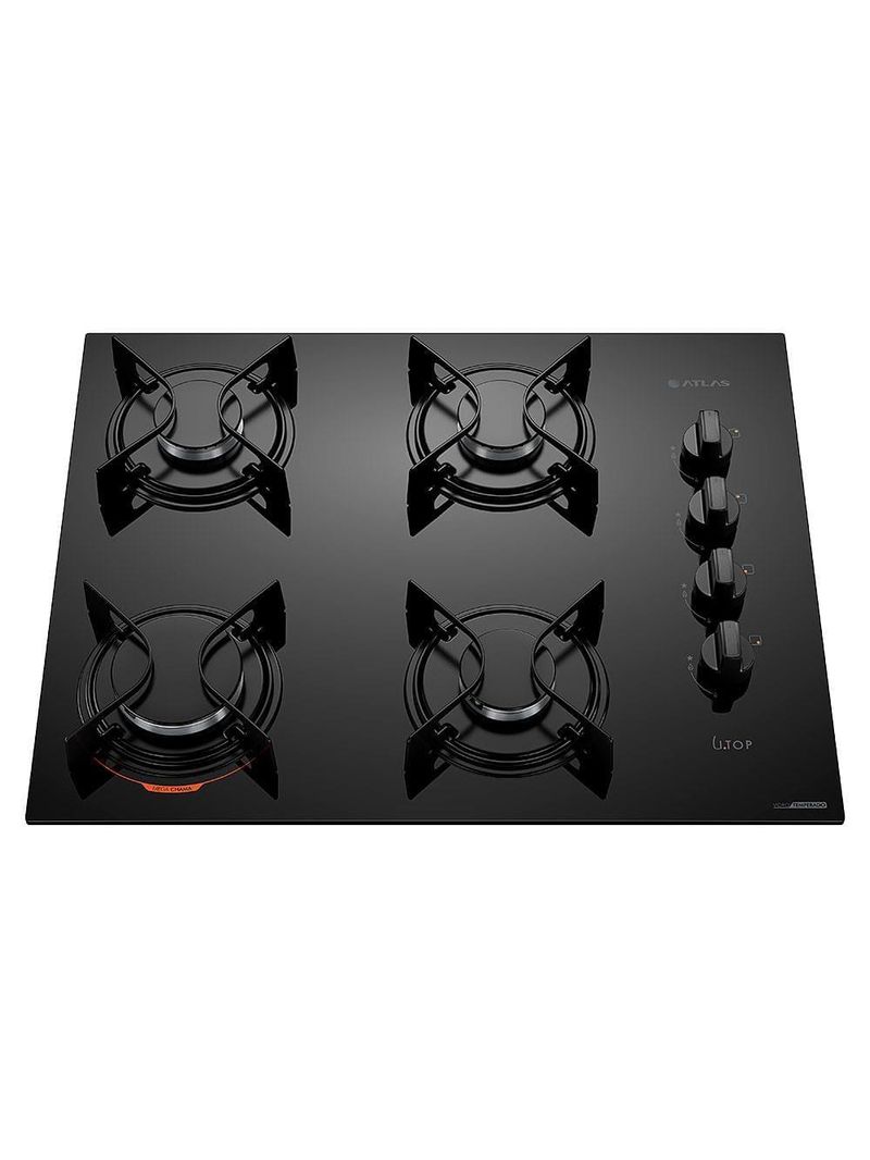 Cooktop a gás atlas u top 4 bocas mesa de vidro preto bivolt