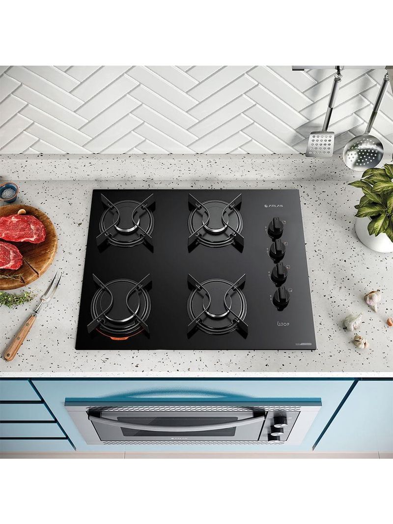 Cooktop a gás atlas u top 4 bocas mesa de vidro preto bivolt