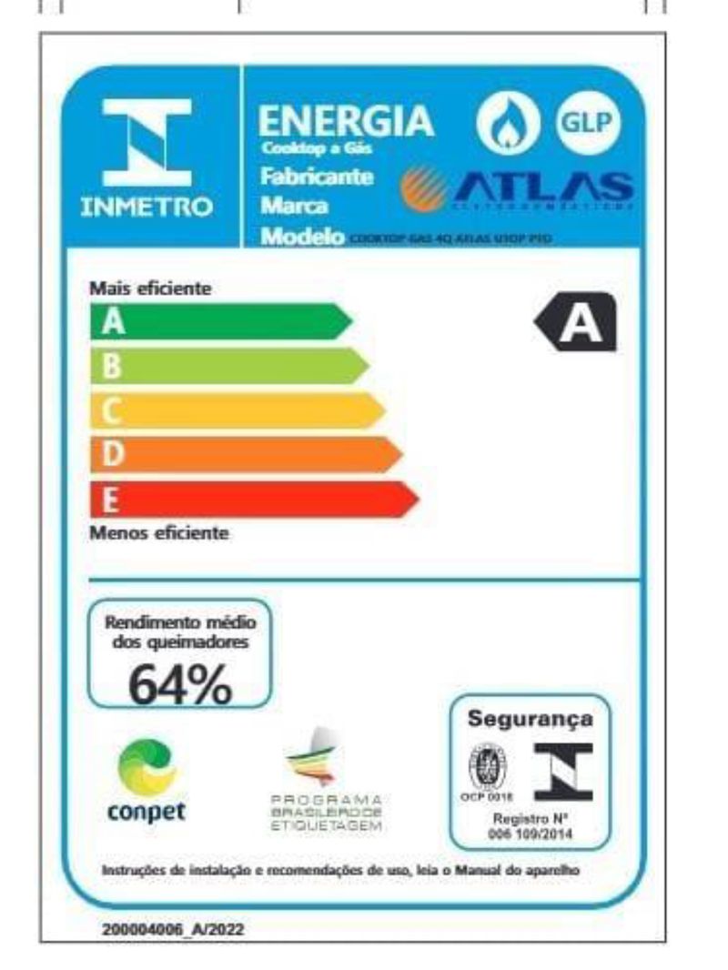 Cooktop a gás atlas u top 4 bocas mesa de vidro preto bivolt